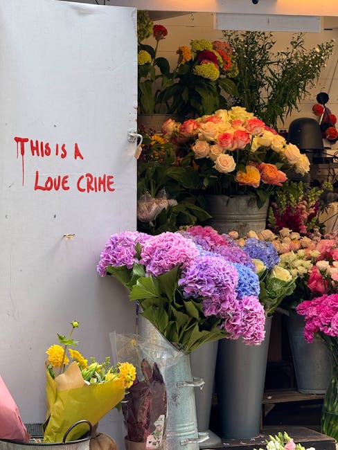 A display of fresh floral arrangements at a flower shop, featuring a variety of roses, hydrangeas, and chrysanthemums in shades of pink, purple, white, yellow, and red, arranged in tall vases and wrap